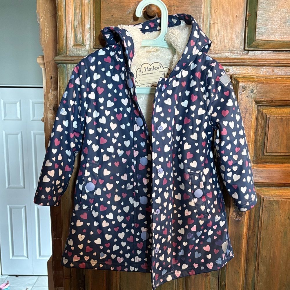 Hatley Heart Pattern sherpa lined Raincoat - Navy and Pink